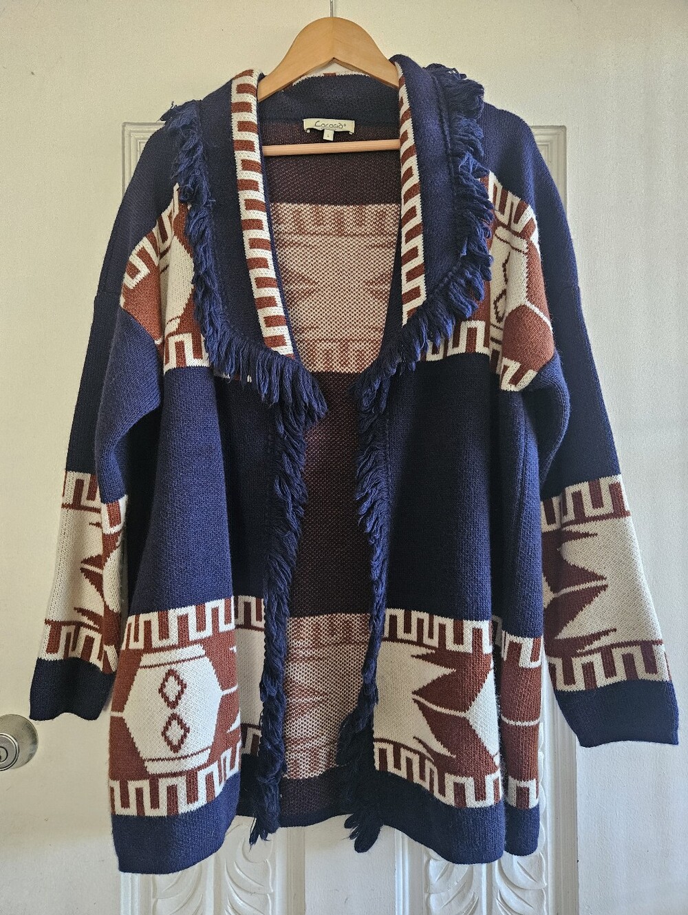 Cocogio Fringed Navy Southwestern Open Cardigan Sweater